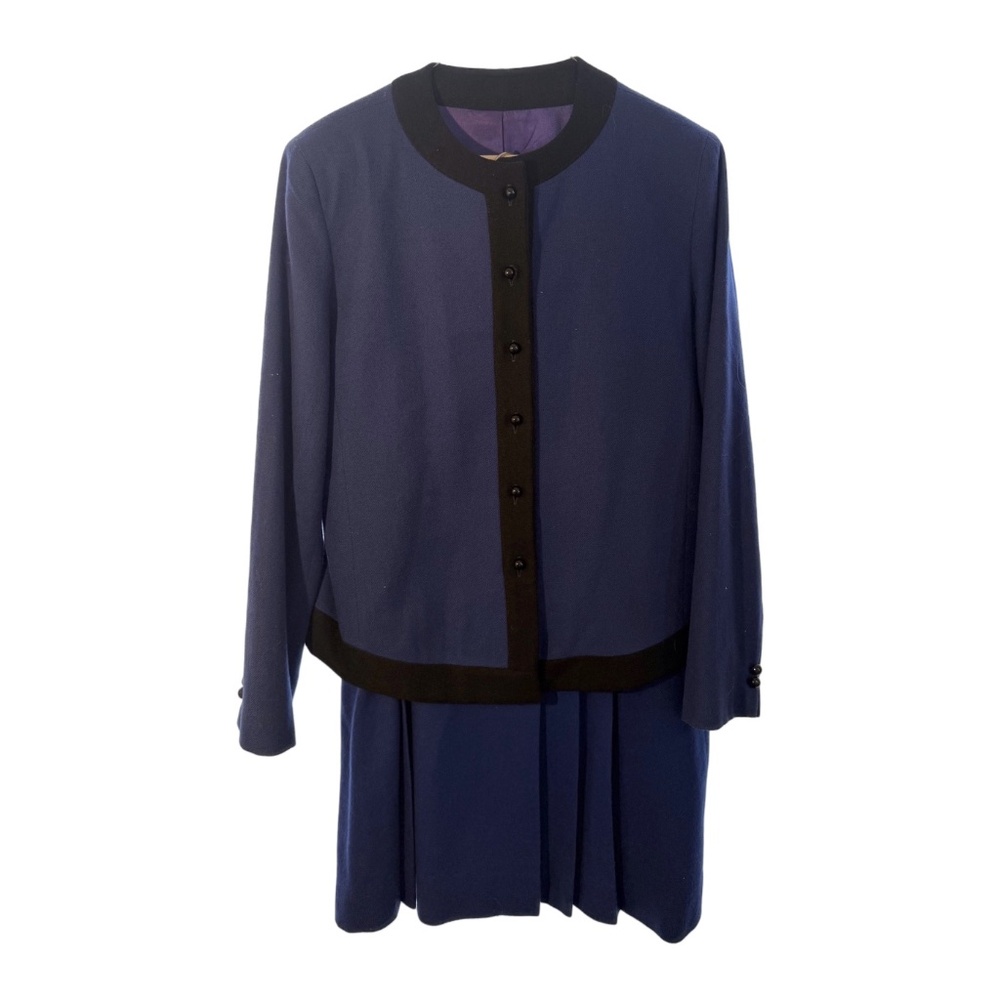 Karen Ellis Vintage Blue & Black Trim Skirt Suit Set | Size 12